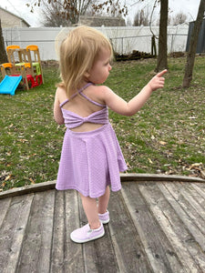 Purple Swiss dot twirl dress